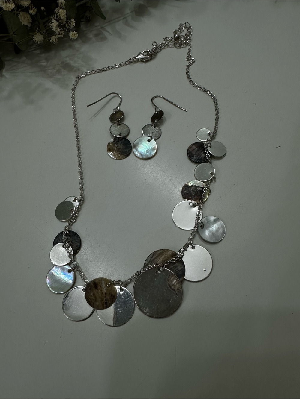 Avon Silver Multi-Disc Necklace and Earrings Set with Iridescent Accents